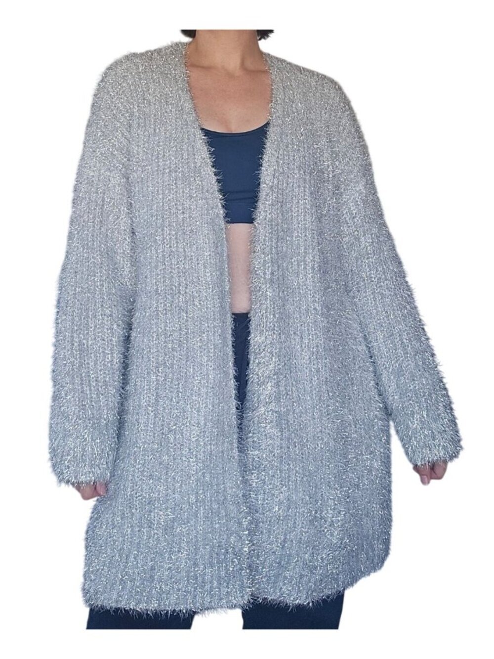 Lane Bryant Fuzzy Metallic Silver Open Front Cardigan Size 26/28 Winter Cozycore